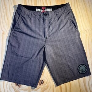 Metal Mulisha Men's Pinstripe Board Shorts Grey Skull Logo Swim Trunks Size 34